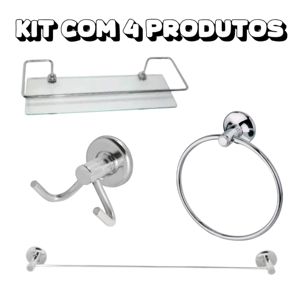 1 Porta Shampoo Reto Incolor + Kit 3 Peças Stander (Cabide, Porta Toalha Argola, Porta Toalha Reto)