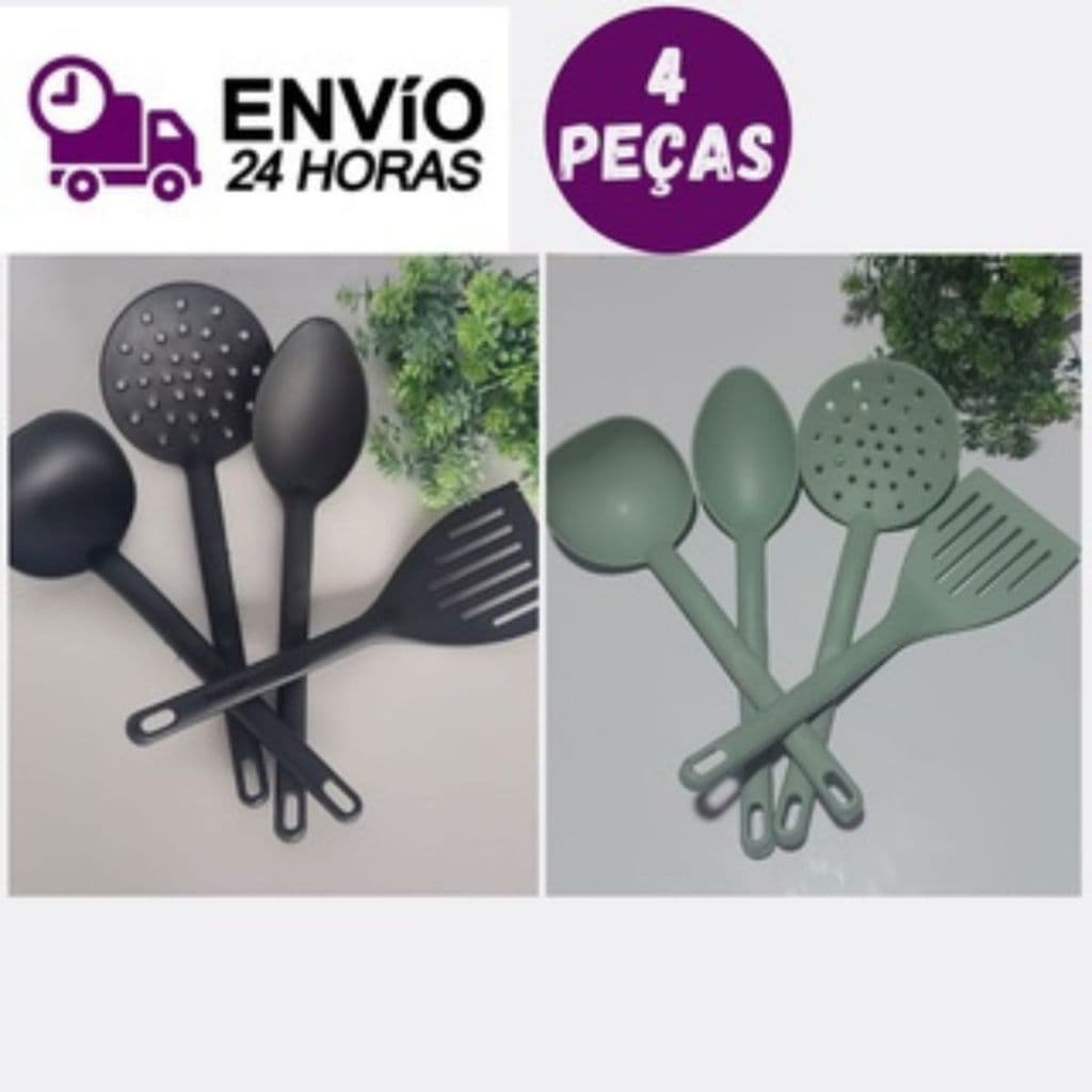 Kit 4 Utensílios de Cozinha Talheres Concha Colher Espátula  Espumadeira Colher de Arroz