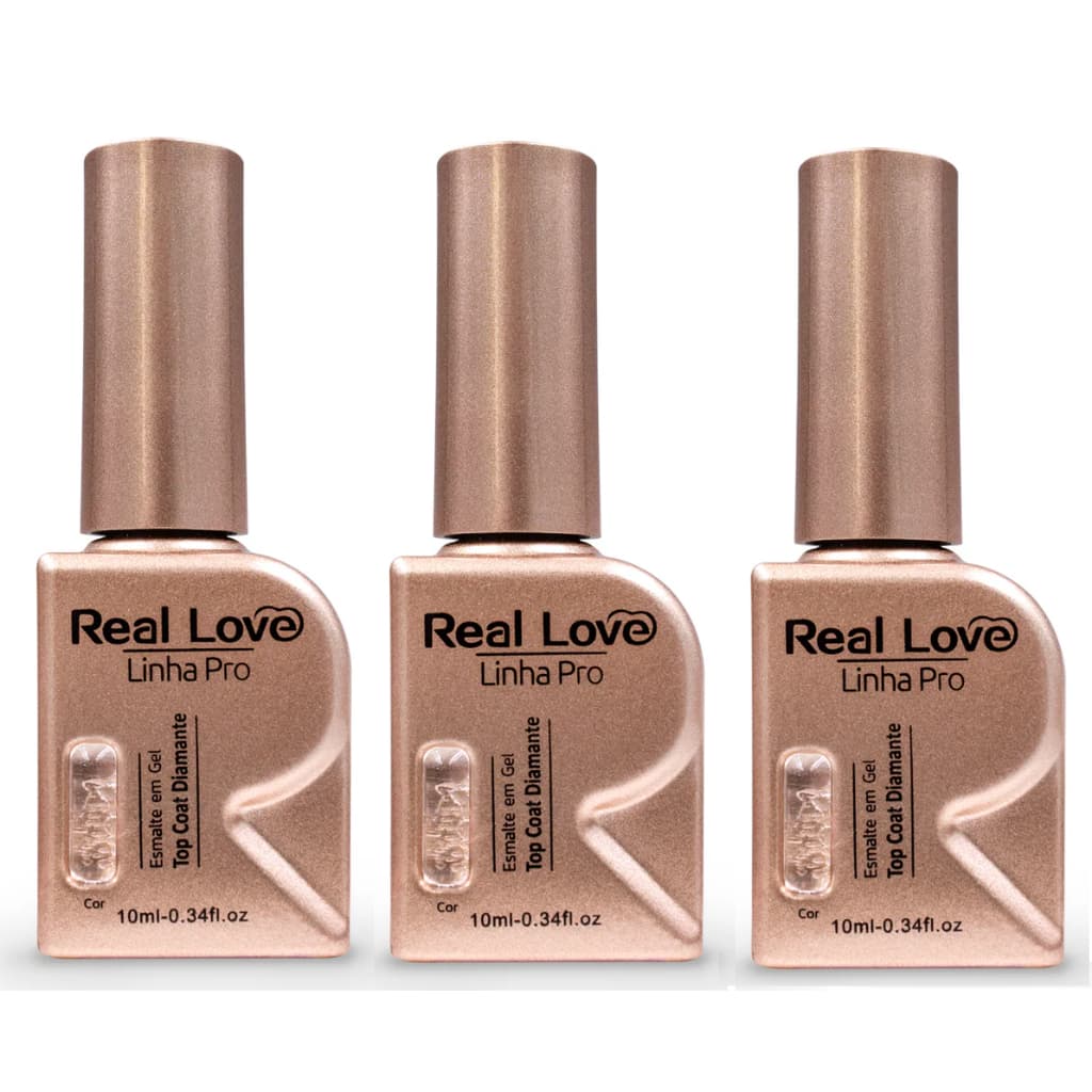 Kit com 3 Esmaltes em Gel Top Coat Diamante Real Love Linha Pro - 10ml