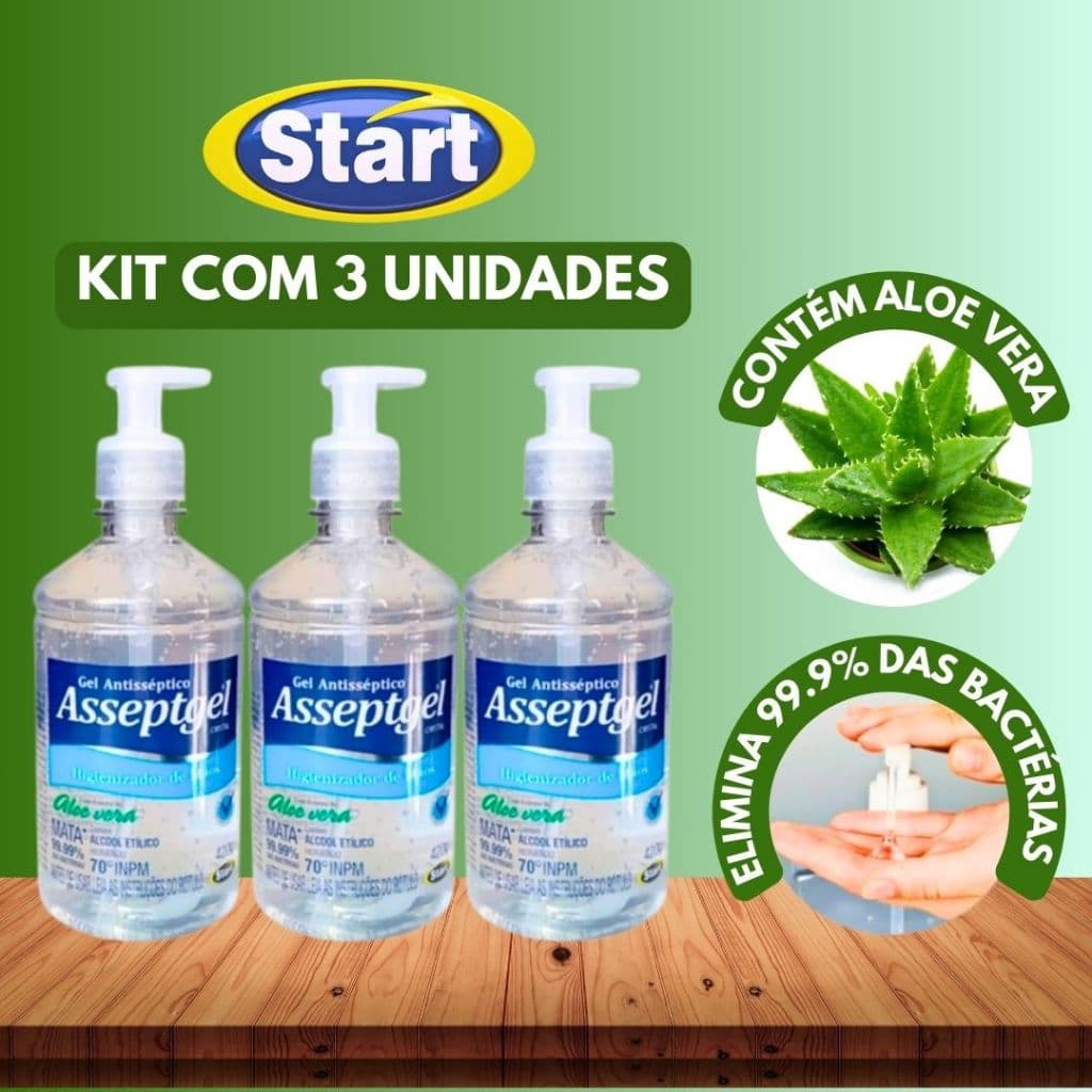 Kit 3 Álcool Em Gel Antisséptico Higienizador Asseptgel Cristal Aloe Vera 420g Hidratante Limpeza