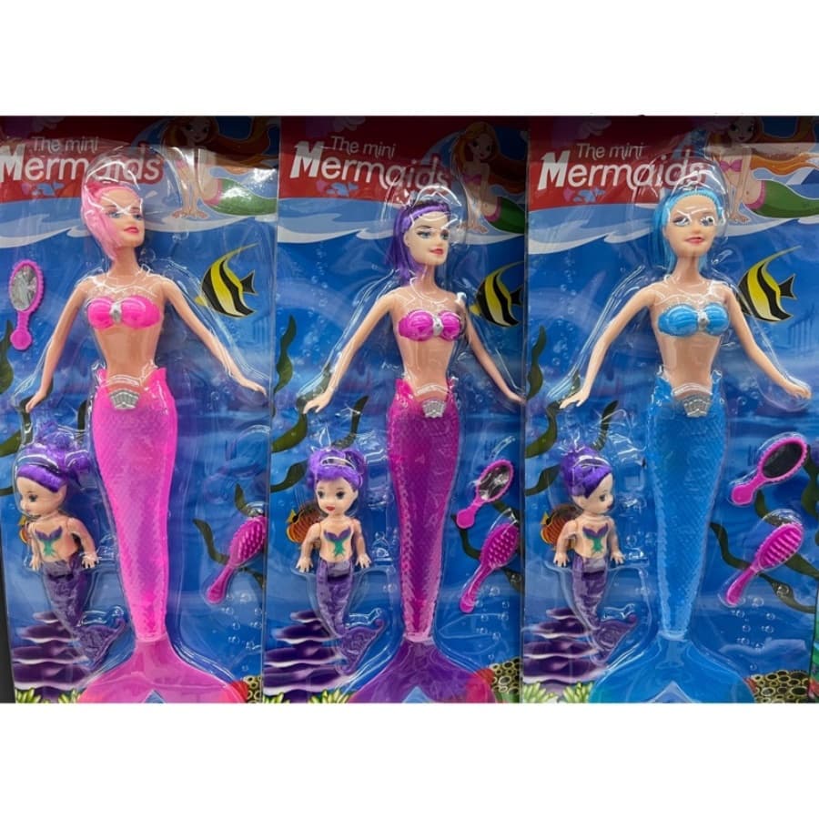 Boneca de sereia + sereia pequena com espelho e pente  pisca cauda presente