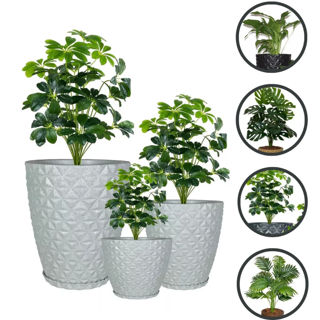 Kit 3 Vasos Decorativos Redondo Diamante Para Planta Flor N1 N2 N3 Com Prato