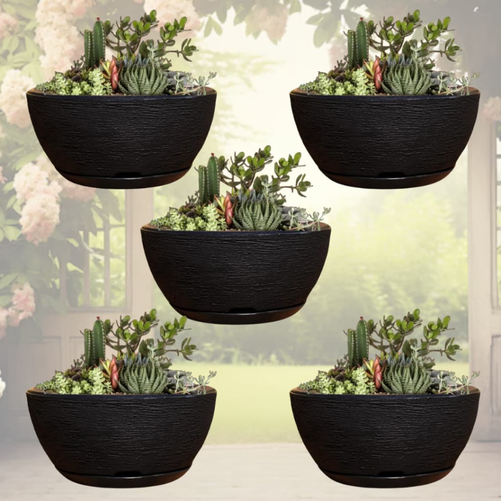Kit 5 Vasos Bacia Polietileno Para Plantas Cactos e Suculentas (26x13) Com Prato Coletor de Água