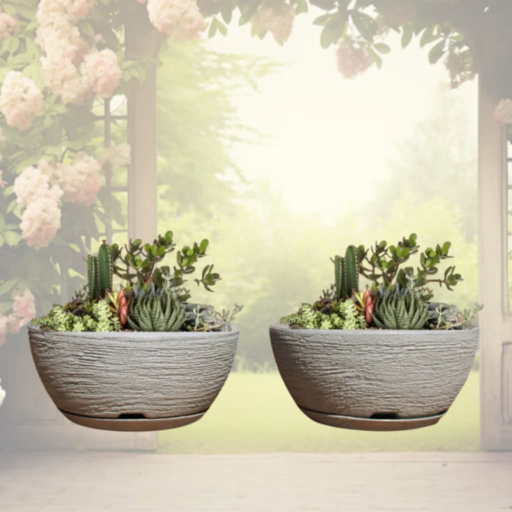 Kit 2 Vasos Bacia Polietileno Para Plantas Cactos e Suculentas (26x13) + Prato Coletor de Água