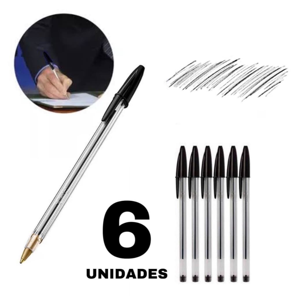 CANETA BIC CRISTAL PRETA 6UNID ESFEROGRÁFICA 1.0mm DURA +