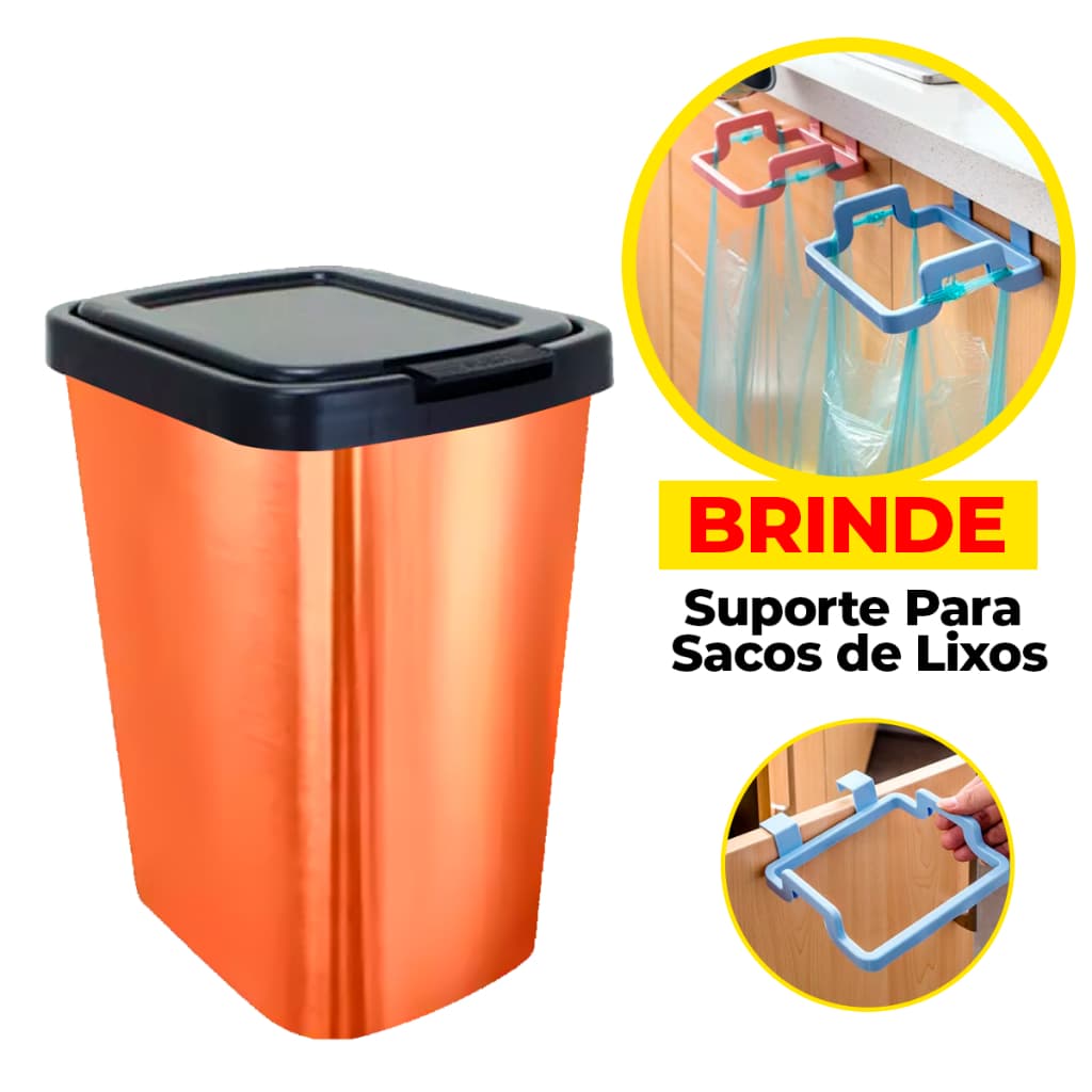Lixeira Cesto Tipo Inox Metalizado 09 Litros Com Tampa Click Label Banheiro Cozinha Quarto + Suporte Saco para Lixo