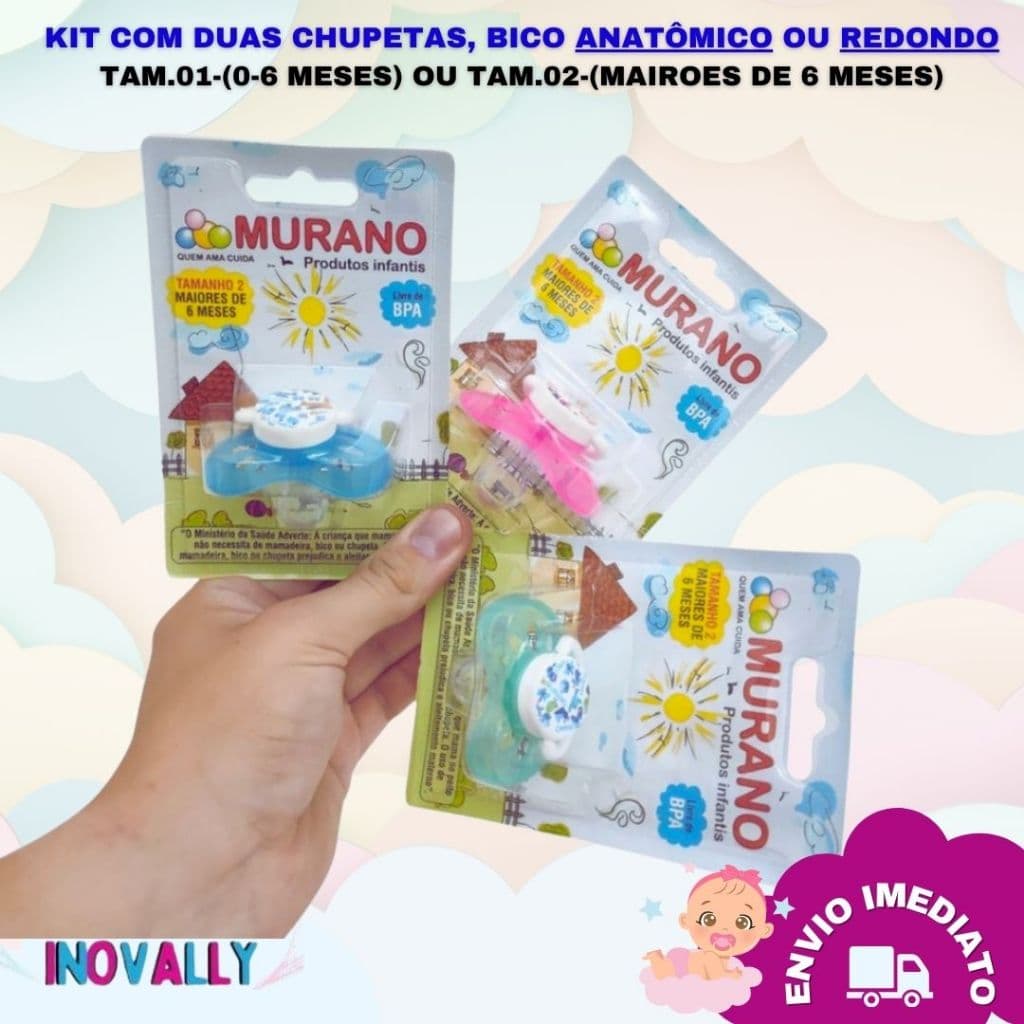 Kit com 2 Chupeta Bico de Silicone da Murano, redondo, anatômico, chupeta, menina, menino
