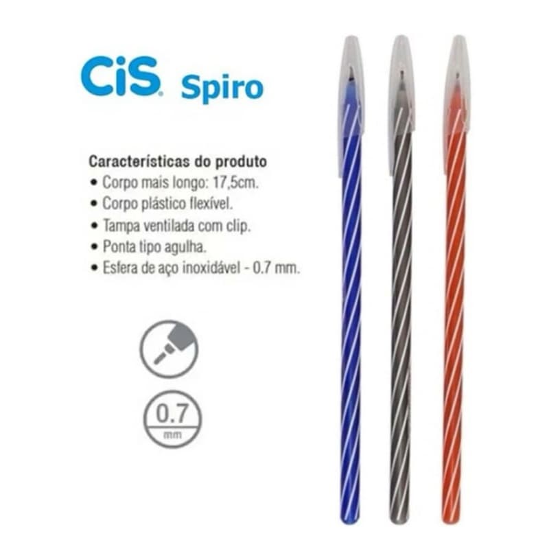 Caneta Cis Spiro 0.7 Ponta Fina, 3 Cores Az/pt/vm.