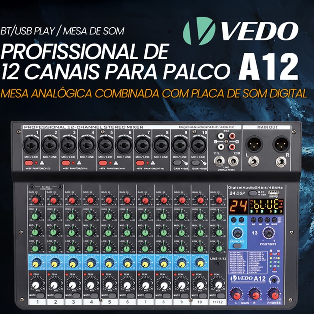 VEDO A12 Channel Audio Mixer Professional Portable Mixer Sound Table Board Digital MP3 Computer Input 48v Power Number