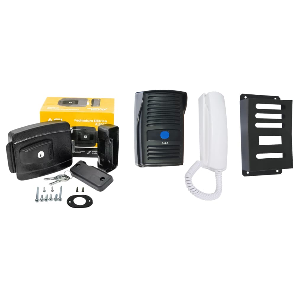 Kit Interfone Preto c/ Fechadura AGL REVERSIVEL e Capa anti vandalismo