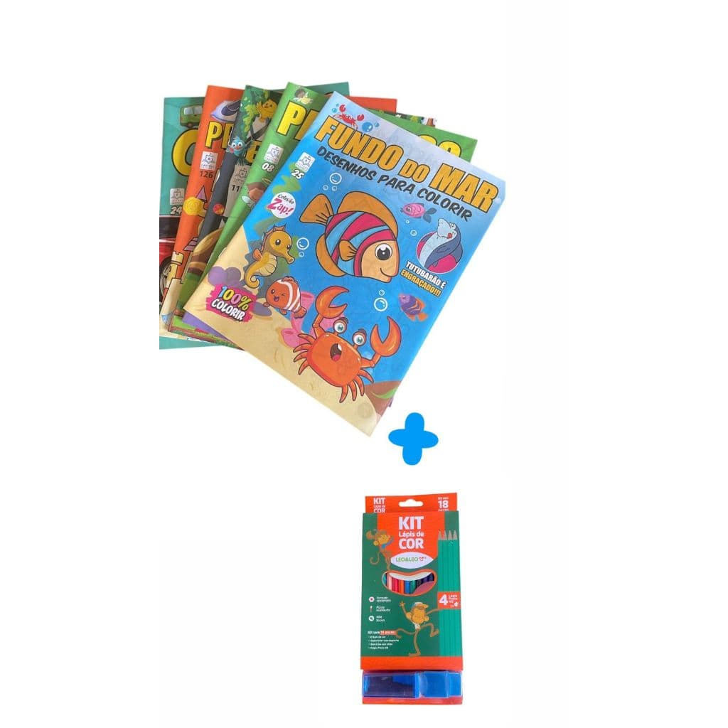 Kit 5 Revistas Para Colorir C/Atividades Mais Kit Lápis De Cor C/Borracha e Apontador C/Depósito 4 Lápis Preto Hb4