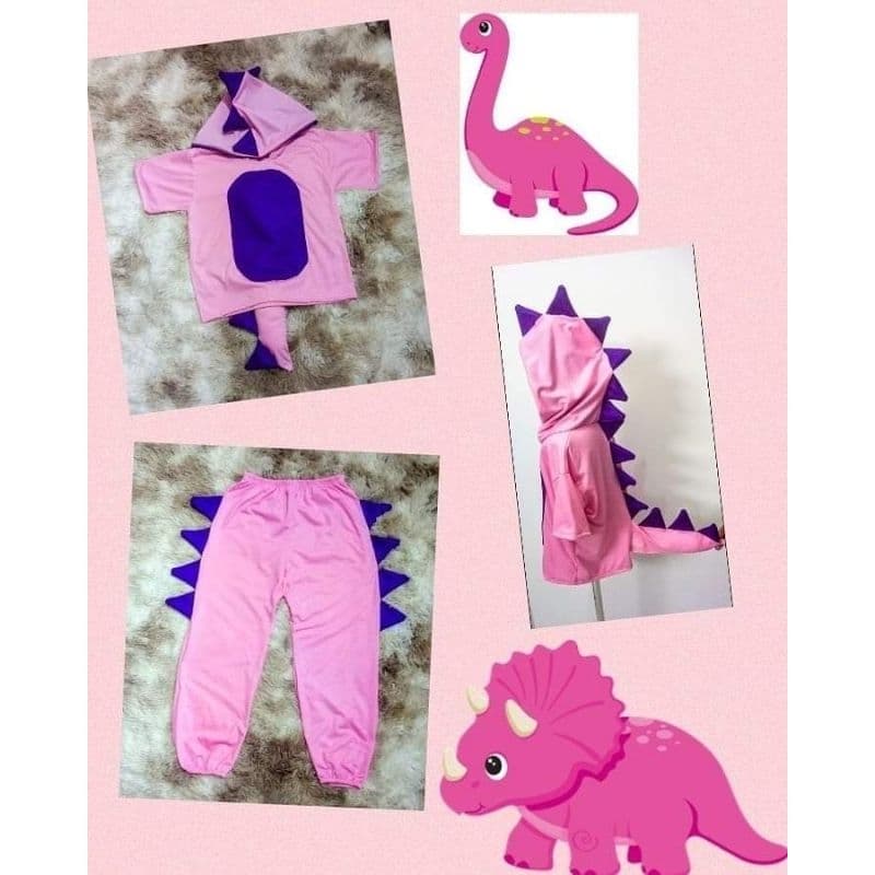 Fantasia infantil Dino calça e camiseta rosa infantil festa dinossauro carnaval aniversário