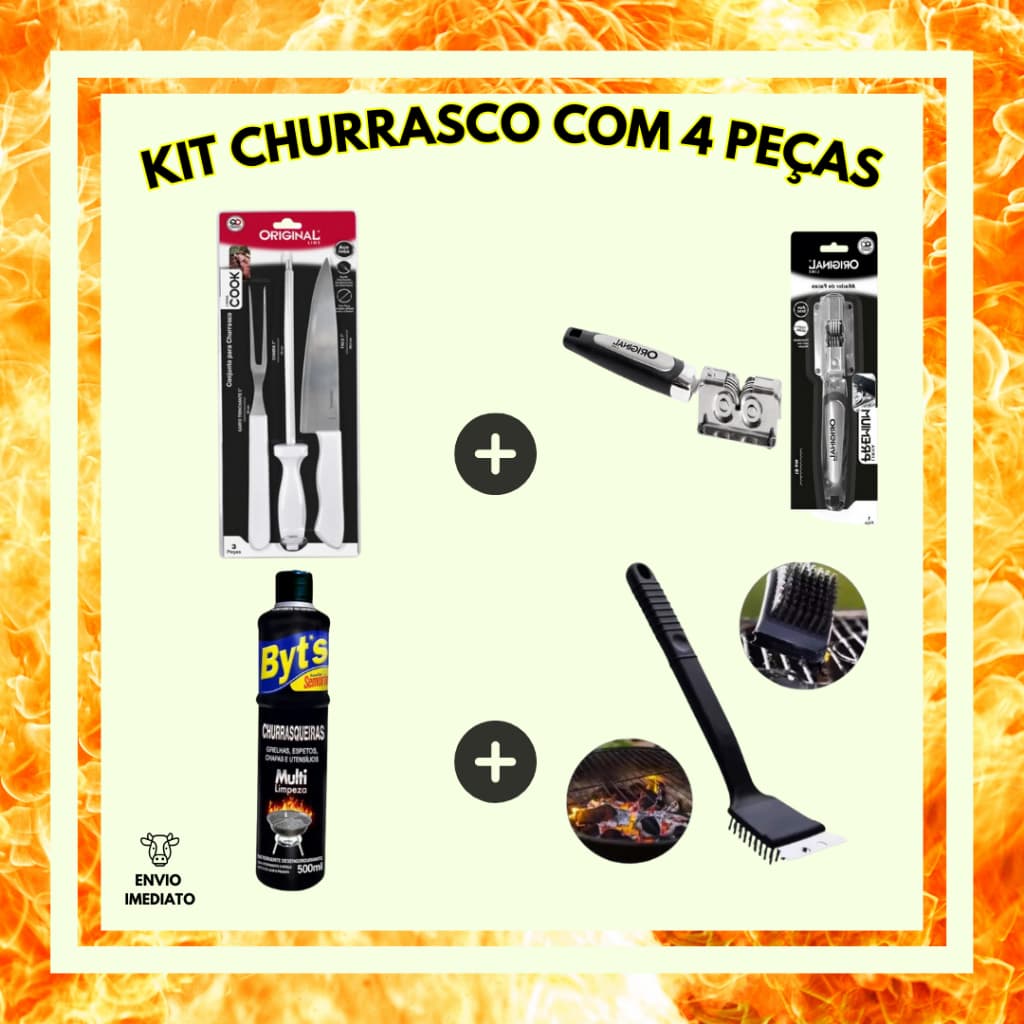 Kit Churrasco Carnes Premium 6 Peças Faca, Garfo E Chaira De Aço Inoxidável Amolador Limpa Grelha Escova de Aço