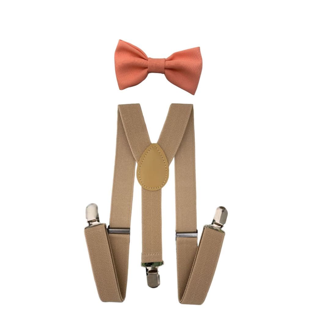 Kit Suspensório Bege com Gravata Borboleta Salmão Coral Infantil Para Pajens de Casamento
