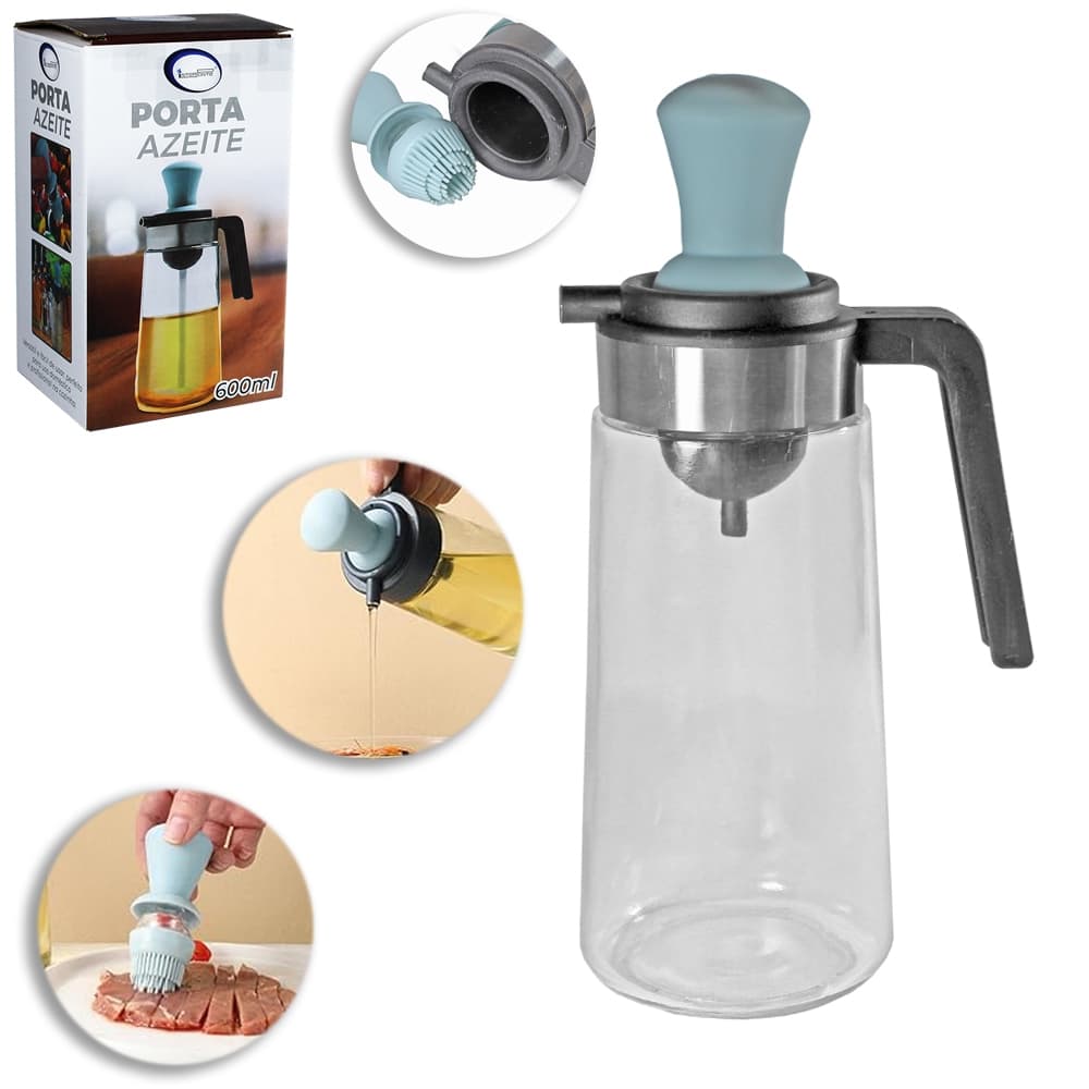 Azeiteiro Garrafa De Vidro Com Escova Pincel Culinário com Tampa  com Alca e Bico Dosador 600 / 9ml