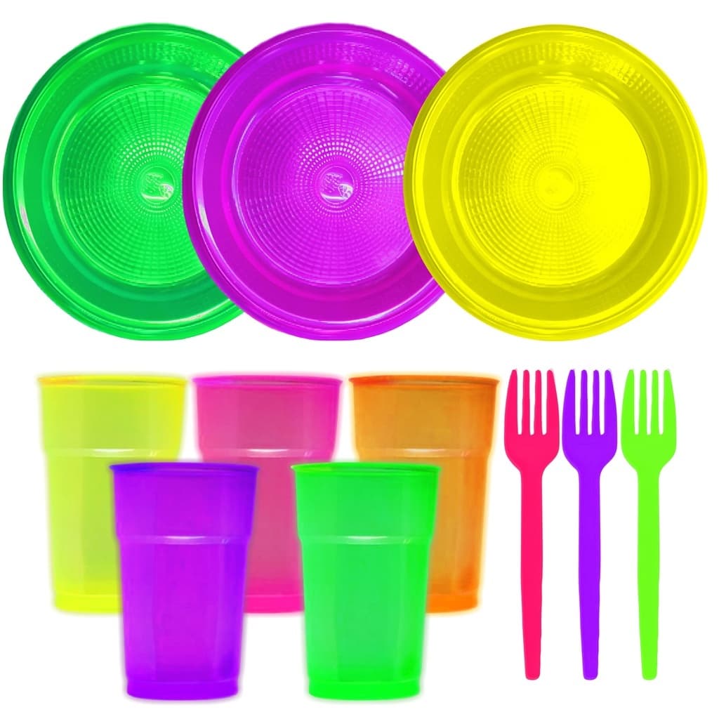 Kit Festa Neon 50 Copos 300 ml + 50 Pratos 15cm + 50 Garfinhos + 40 Canudos Brilha na Luz Negra