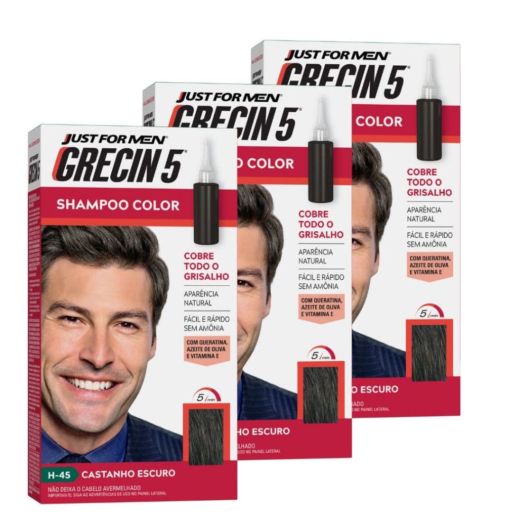 Kit 3x unidades Grecin 5 Shampoo Tintura Tonalizante Castanho Escuro H-45 60ml - Cobre os cabelos grisalhos em 5 minutos