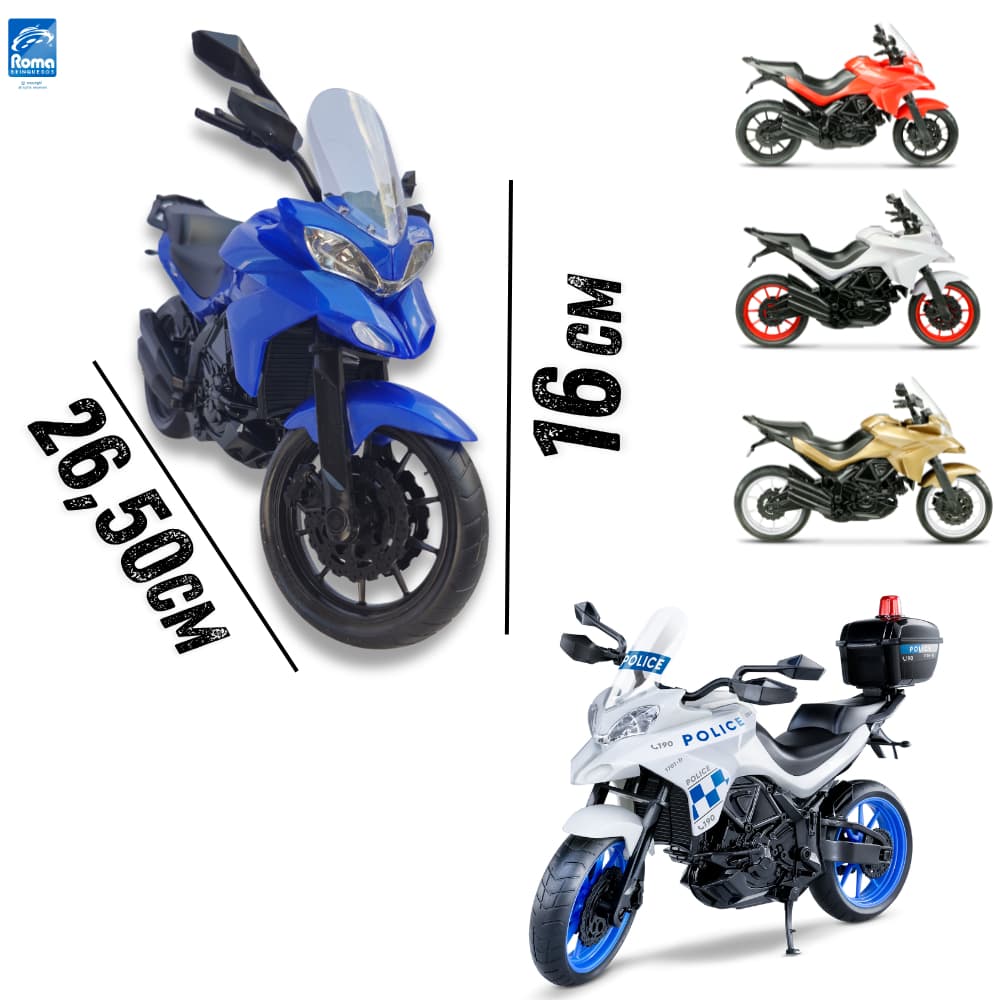 Moto de Brinquedo Roma Multi Motors Adventure Grande 26cm Realista + Polícia Baú Abre Fecha Presente Menino Infantil