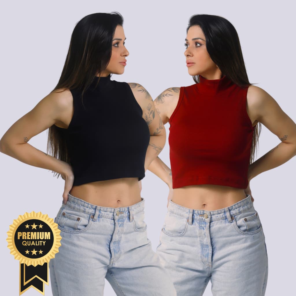 KIT 2 Cropped Gola Alta Canelado Kit Cropped Canelado Kit Com 2 Cropped Em Ribana Canelada