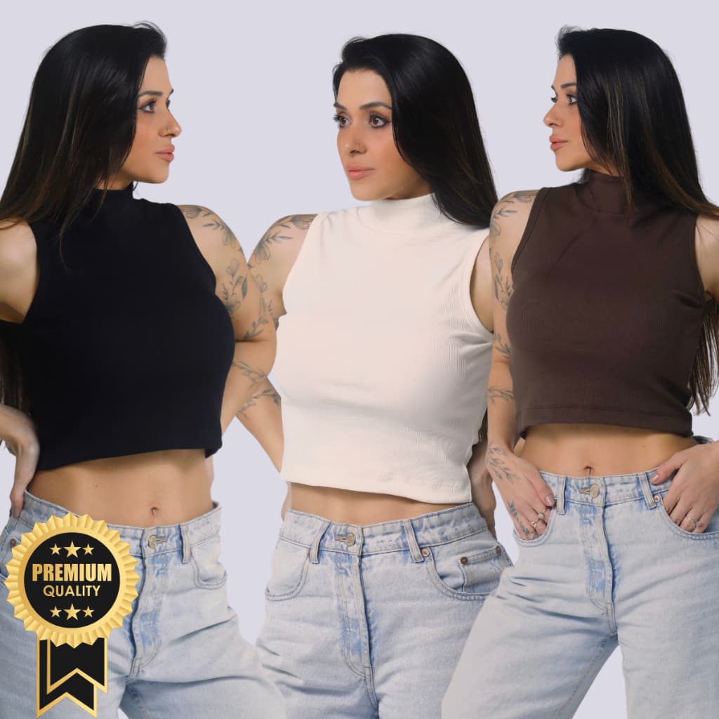 KIT 3 Cropped Gola Alta Canelado Kit Cropped Canelado Kit Com 3 Cropped Em Ribana Canelada