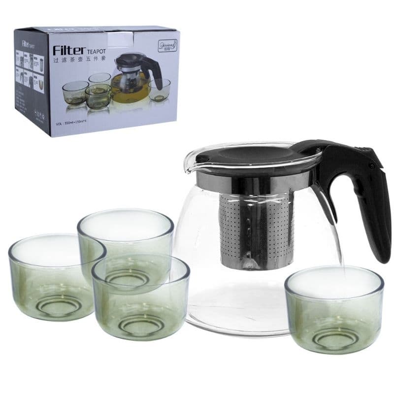 Kit Conjunto Jogo De Chá 5 Peças Chaleira De Vidro Com 4 Xícaras Bule Para Chá Café