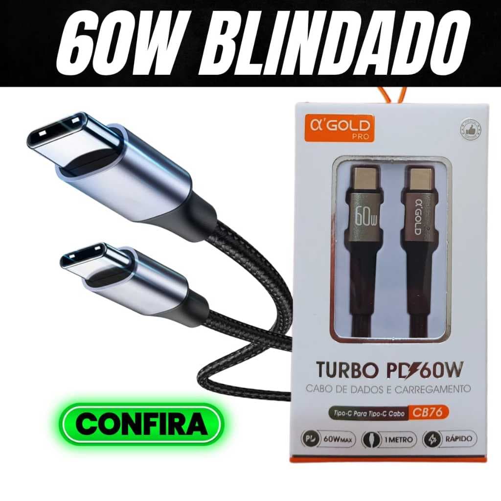 Cabo Tipo C Turbo 60W 1 Metro Android e Iphone 15 / 15 Plus / 15 Pro / 15 Pro Max /16