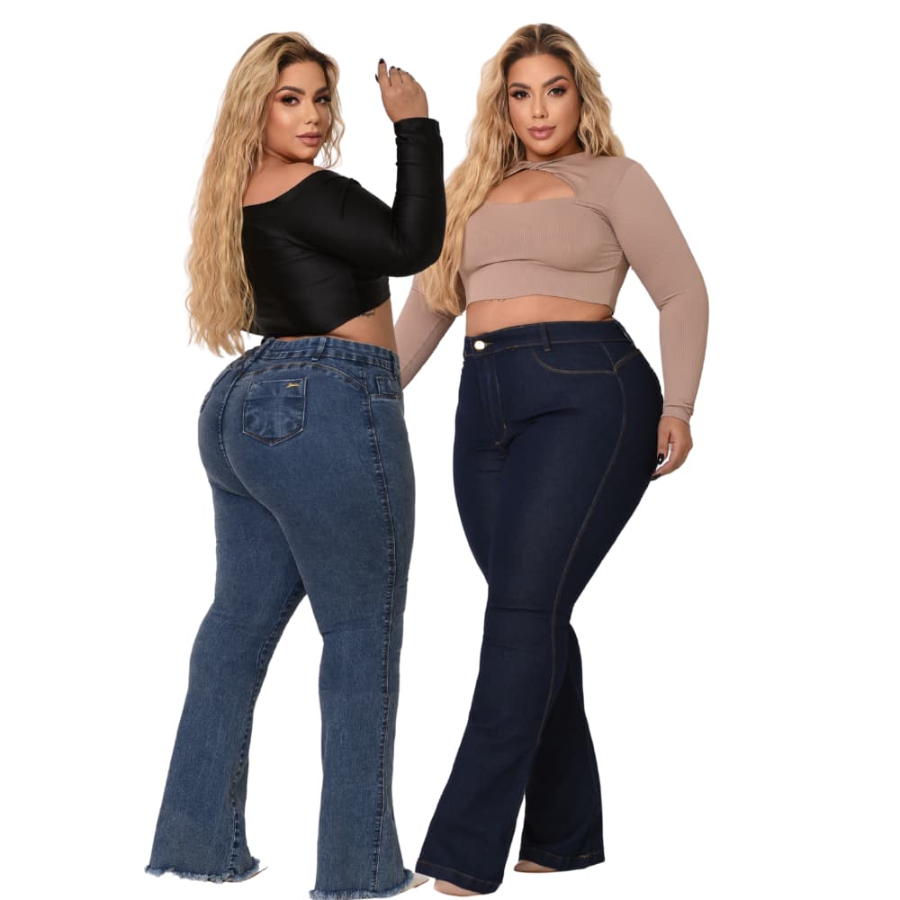 Kit 02 Calças Feminina Flare Marmorizada e Azul Escura Lycra Modelagem Levanta Bumbum Curve- Premier