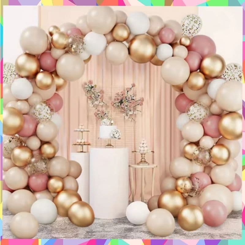 Kit festa 102 peças balões rose gold dourado metalizado. Arco festa areia.