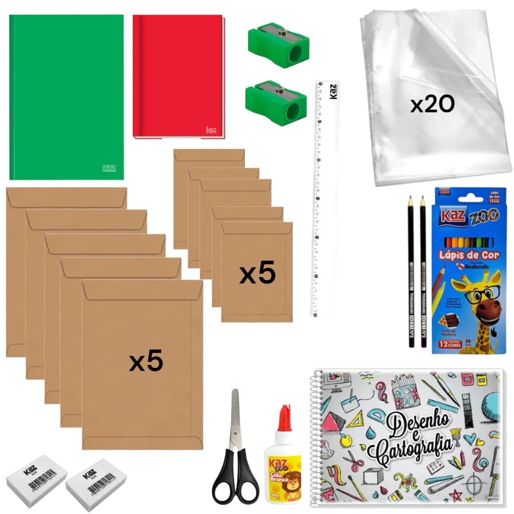 Kit Material Escolar Caderno Envelope Pardo Envelope Ofício Lápis de Cor Agenda Cola