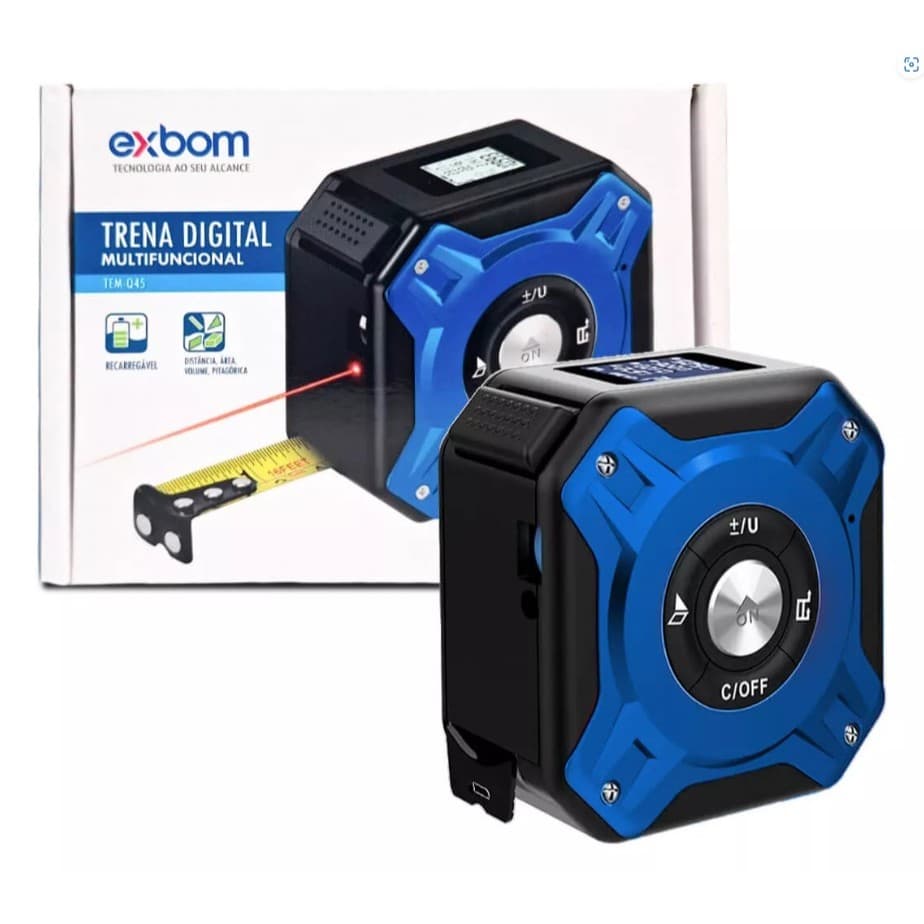 Trena Laser Digital Recarregável Com Visor e Fita Métrica 5M Multifuncional TEM-Q45 EXBOM
