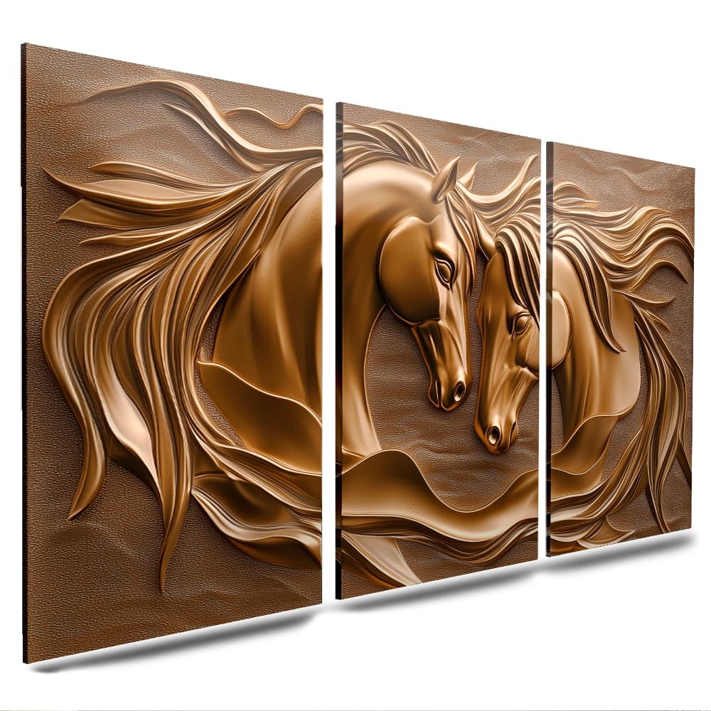 quadros decorativos modernos cavalos marrom abstratos marmores 3 peças (CASAL CAVALOS)
