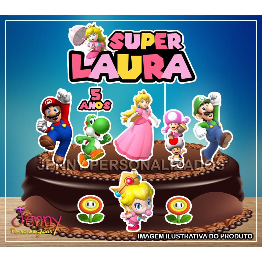 Topo Topper de Bolo Princesa Peach Personalizado Super Mario