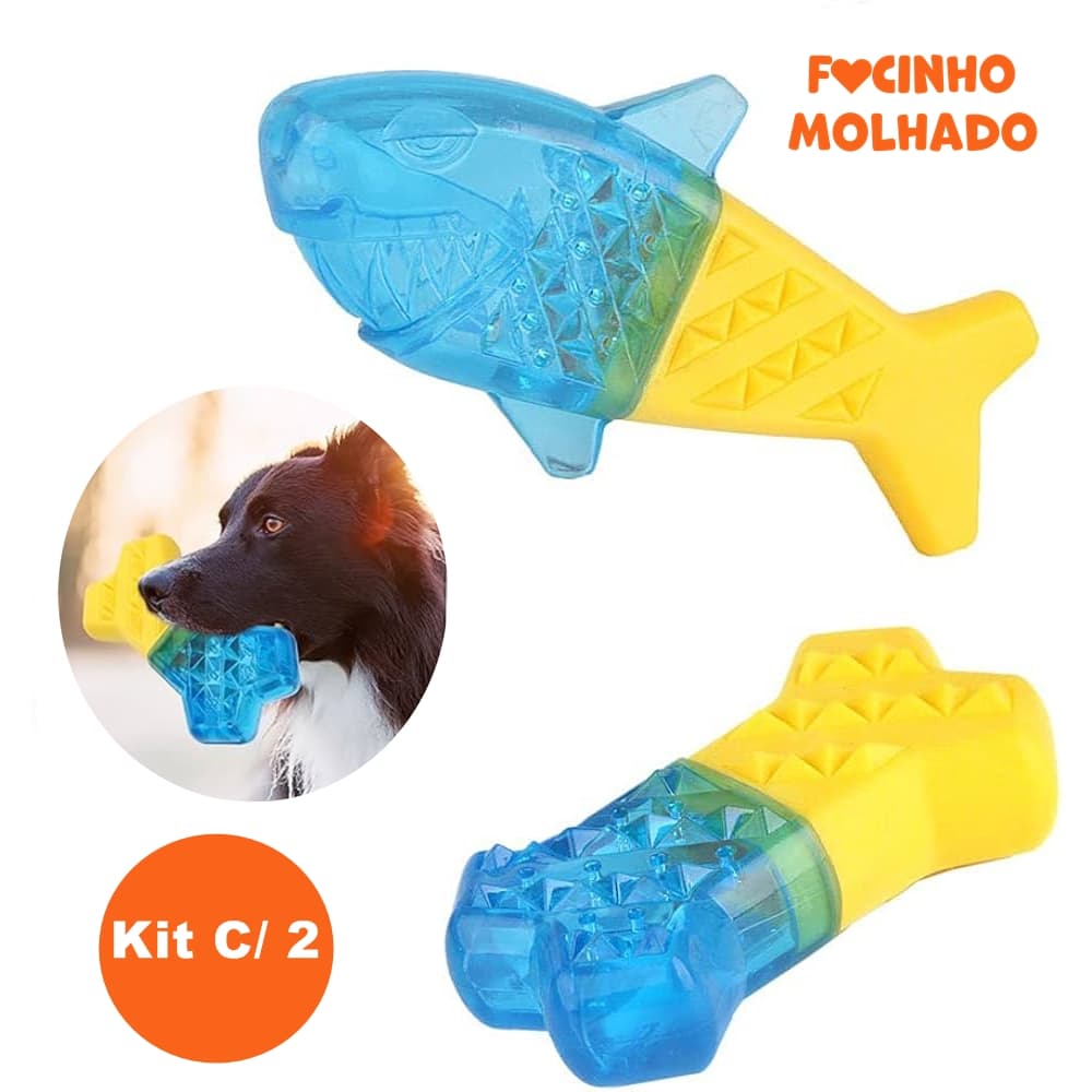 Kit 2 Brinquedos Mordedores Pet Gelado Refrescante para Pets Ossinho e Peixe para Cães