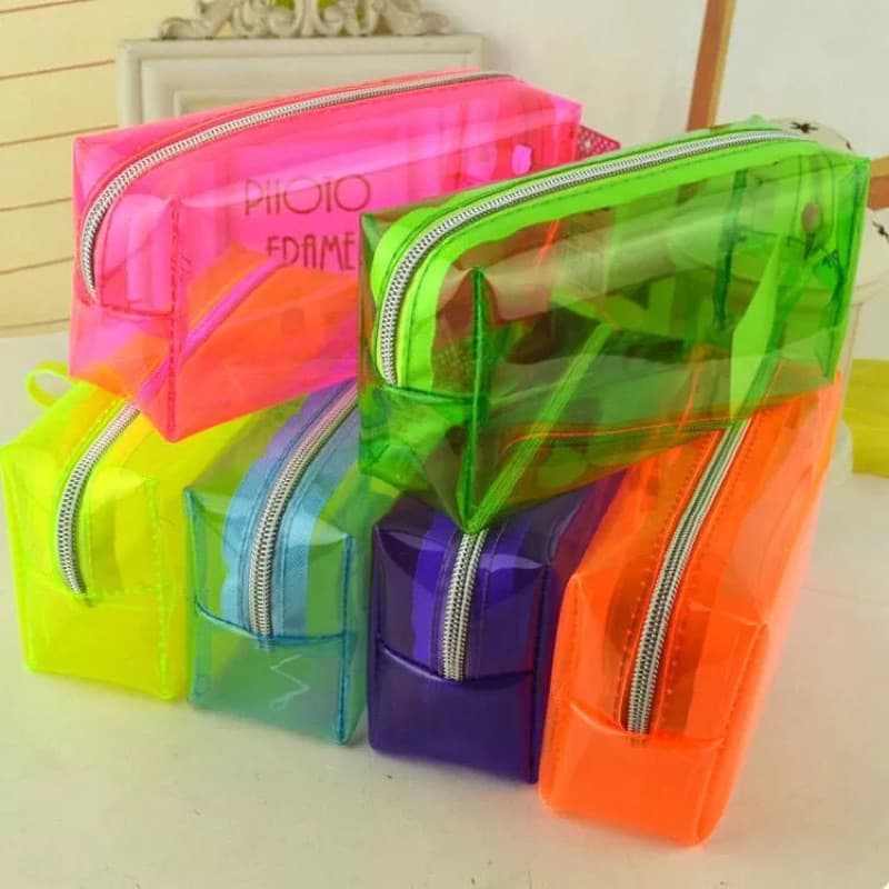 Estojo bolsinha lapis canetas escolar necessaire NEON TRANSPARENTE a prova dágua YEPP
