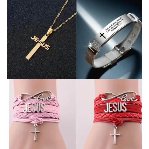 Conjunto de pulseiras e pingentes (Crucifixo) Jesus
