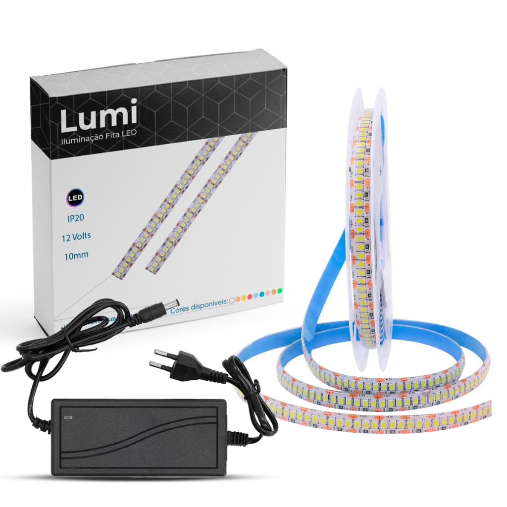 Luminario De Fita Ultra Led 2835 5m 240 Smd/m 2m com fonte 12v Ip20 Super Brilho Branco Frio