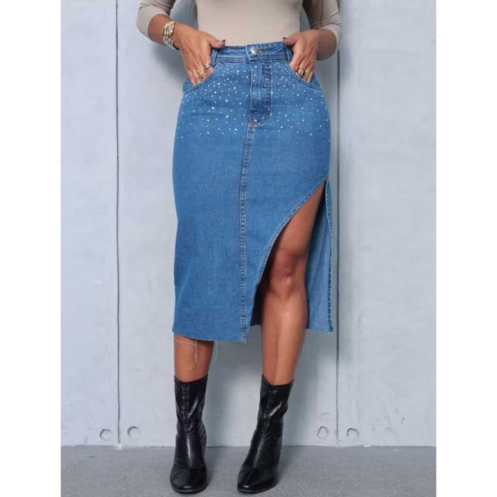 Saia Feminina com Brilho jeans