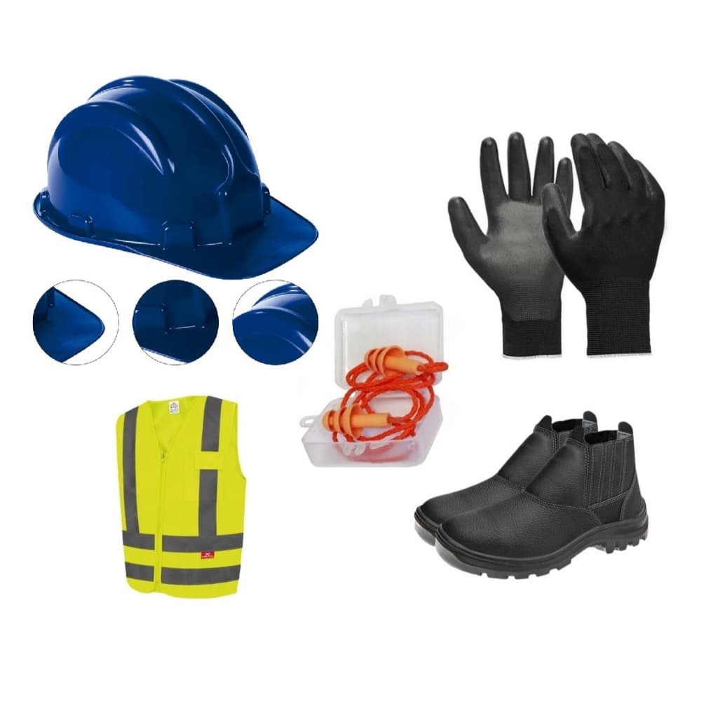 Kit Obras Pedreiro Luva Tatil Colete Capacete de segurança Protetor Auricular Botina Óculos Proteção