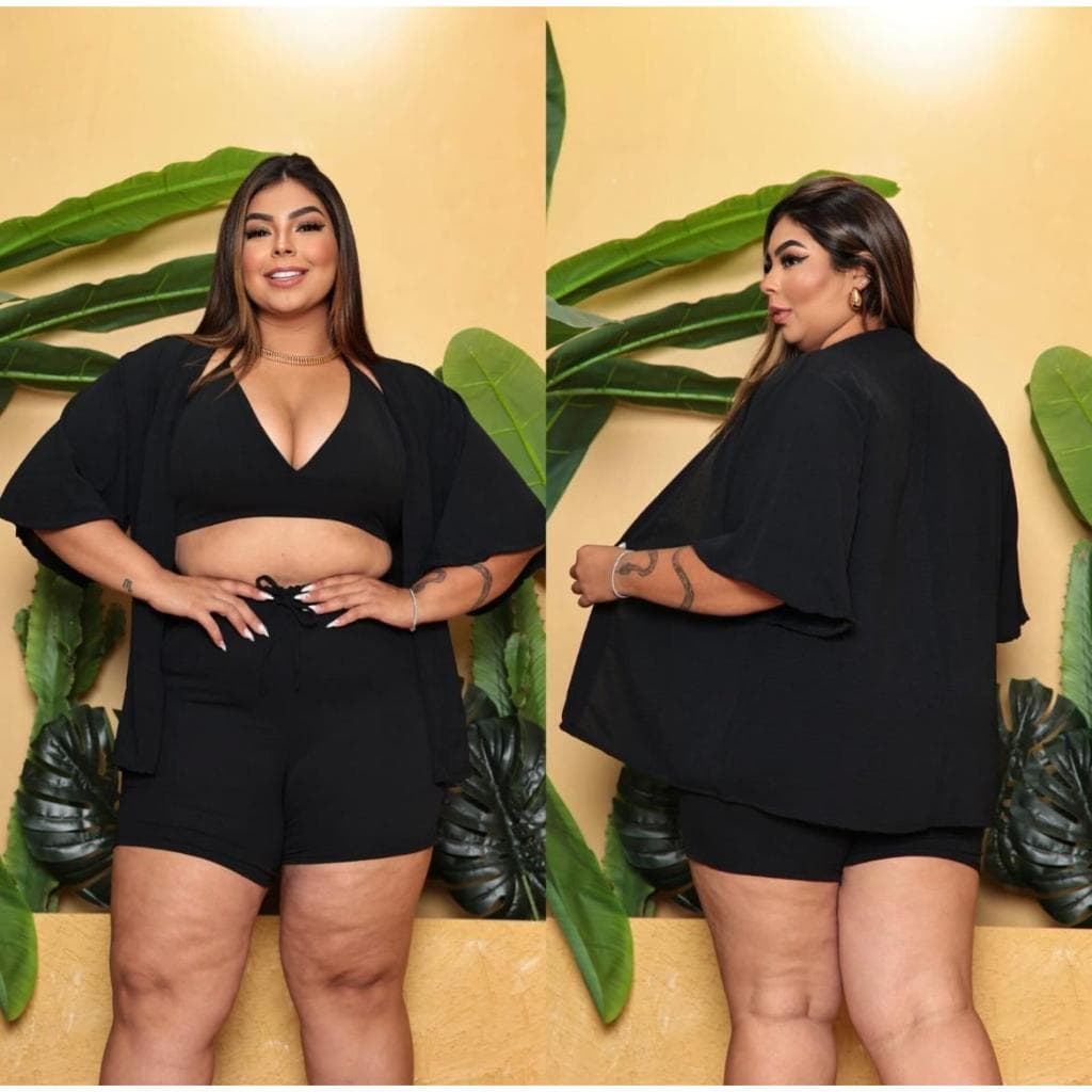 Conjunto Feminino Kimono Plus Size liso Shorts + Cropped  3 peças
