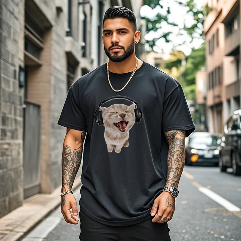 Camiseta Básica Cat Listening Music camiseta. masculina camiseta anime cat camiseta estampada