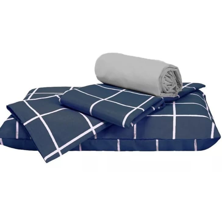 Kit Jogo de Lençol Solteiro Cama 03 Peças Azul Marinho Cinza Quadros Quarto Masculino