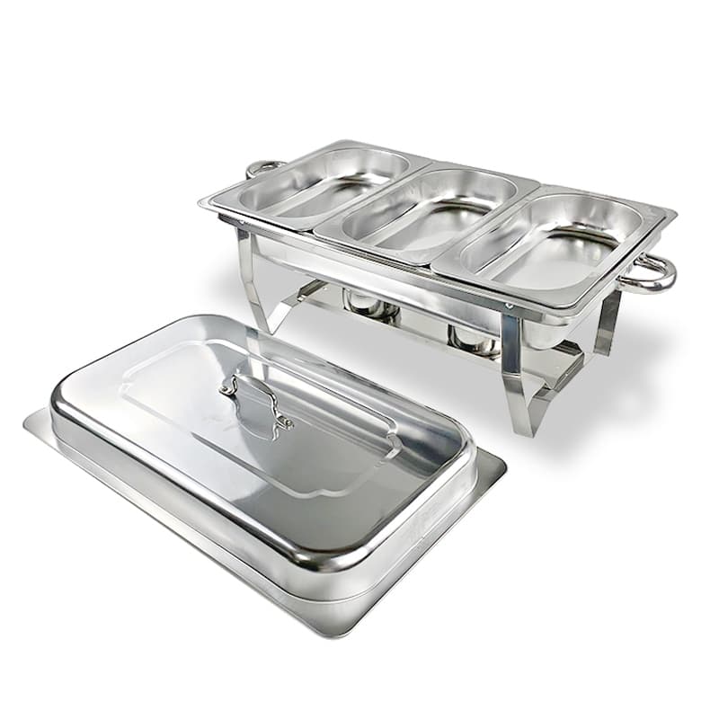 Rechaud Retangular 12l Aço Inox Com 3 cubas Banho Maria Com 2 Fogareiros