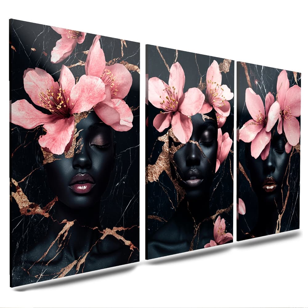 quadros modernos para salão de beleza mulheres negras flores rosas 3 partes