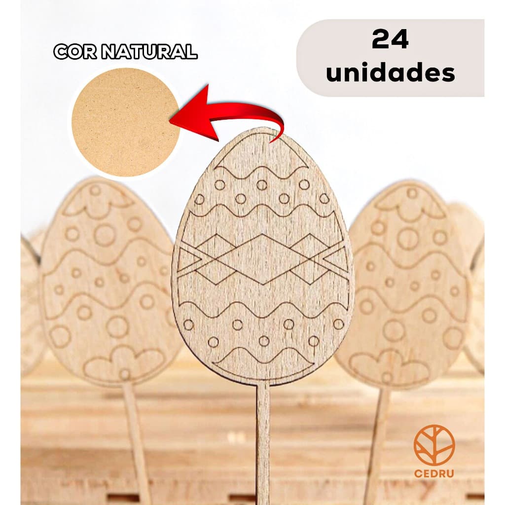 Kit com 24 Palitos Decorativos Ovo de Páscoa em MDF Cru - Presente, Aniversário, Surpresa e Personalizados