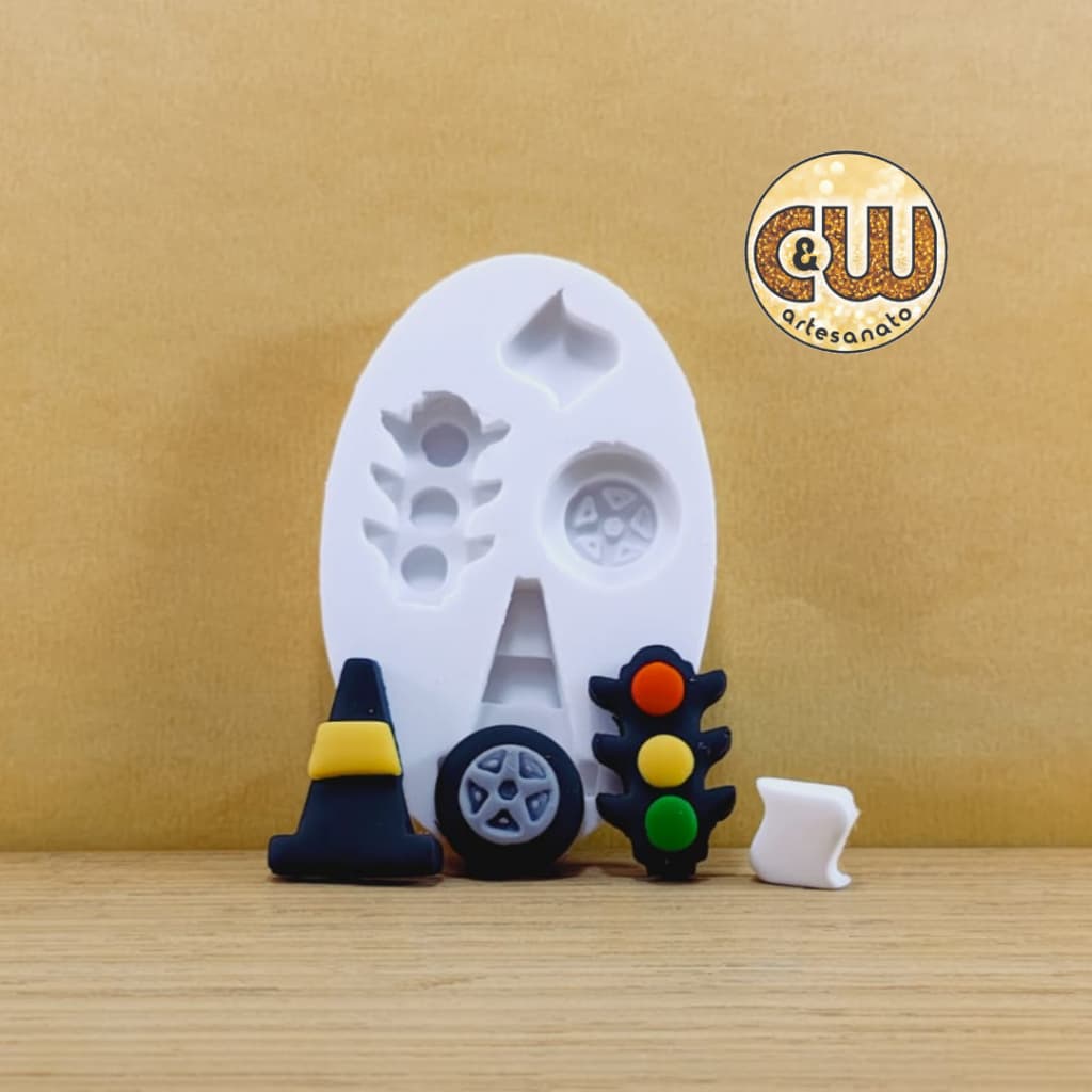 Molde Silicone Sinal de Transito / Roda / Cone / Carro / Pneu  - Decoração, Confeitaria e Artesanato – Biscuit - Festa