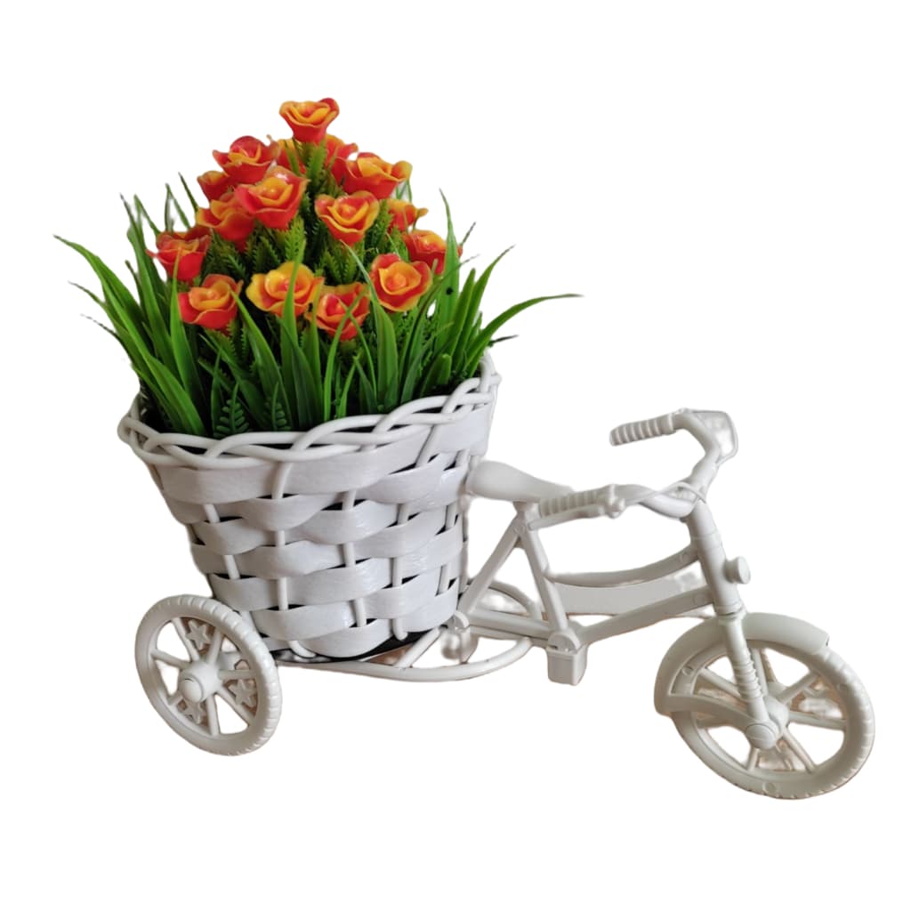 Bicicleta Miniatura com Arranjo de Flores Artificiais na cor Laranja para Decoração Vitrine Mesa Balcão Vime/Milho
