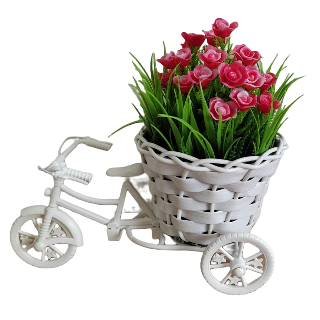 Bicicleta Miniatura com Arranjo de Flores Artificial na cor Vermelha Mesa Vitrine Decoração Balcão Vime/Milho