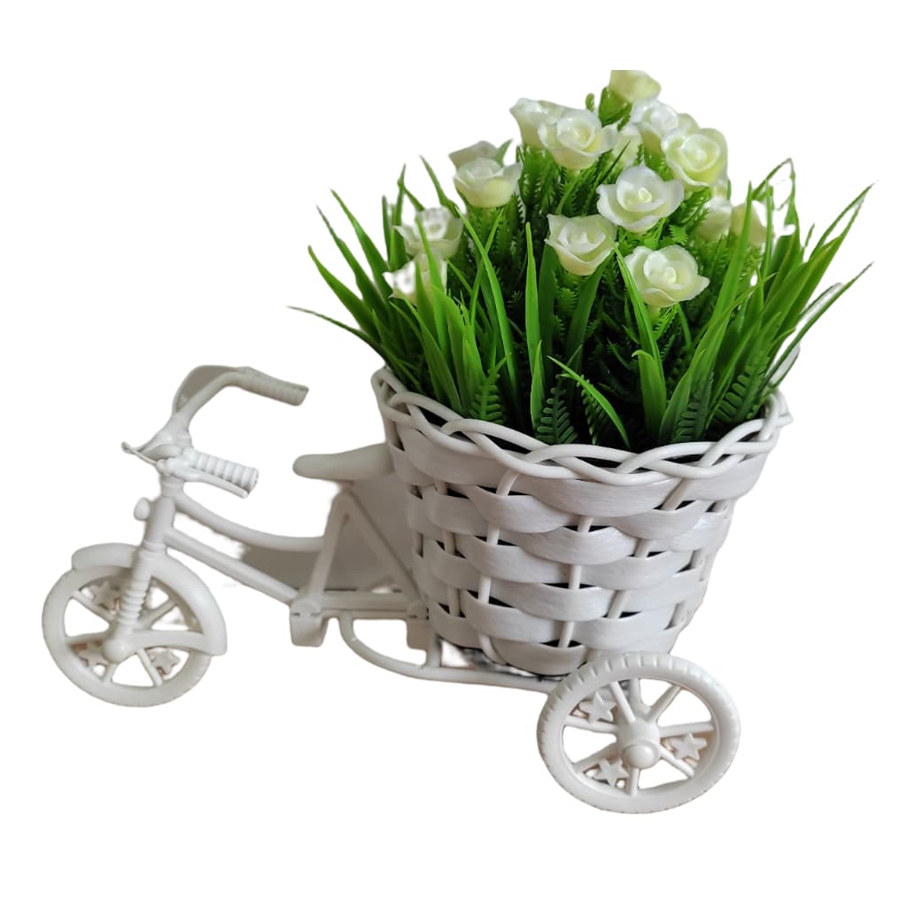 Bicicleta Miniatura com Arranjo de Flores Artificial na cor Branca Decoração Enfeite Balcão Mesa Vitrine Vime/Milho