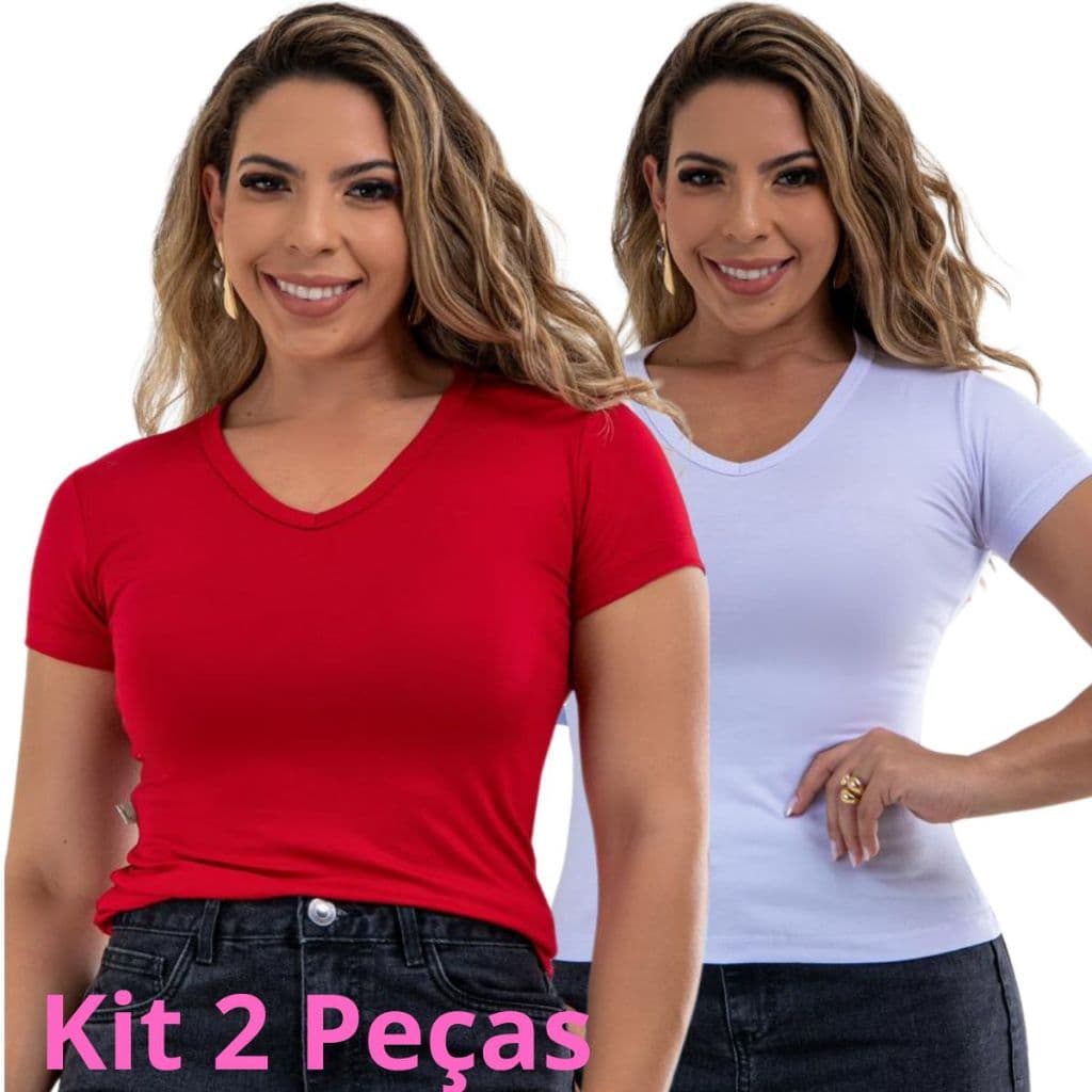 Kit 2 Blusa Feminina Estilosa Moda Básica Confortável Malha Viscolaycra Gola V