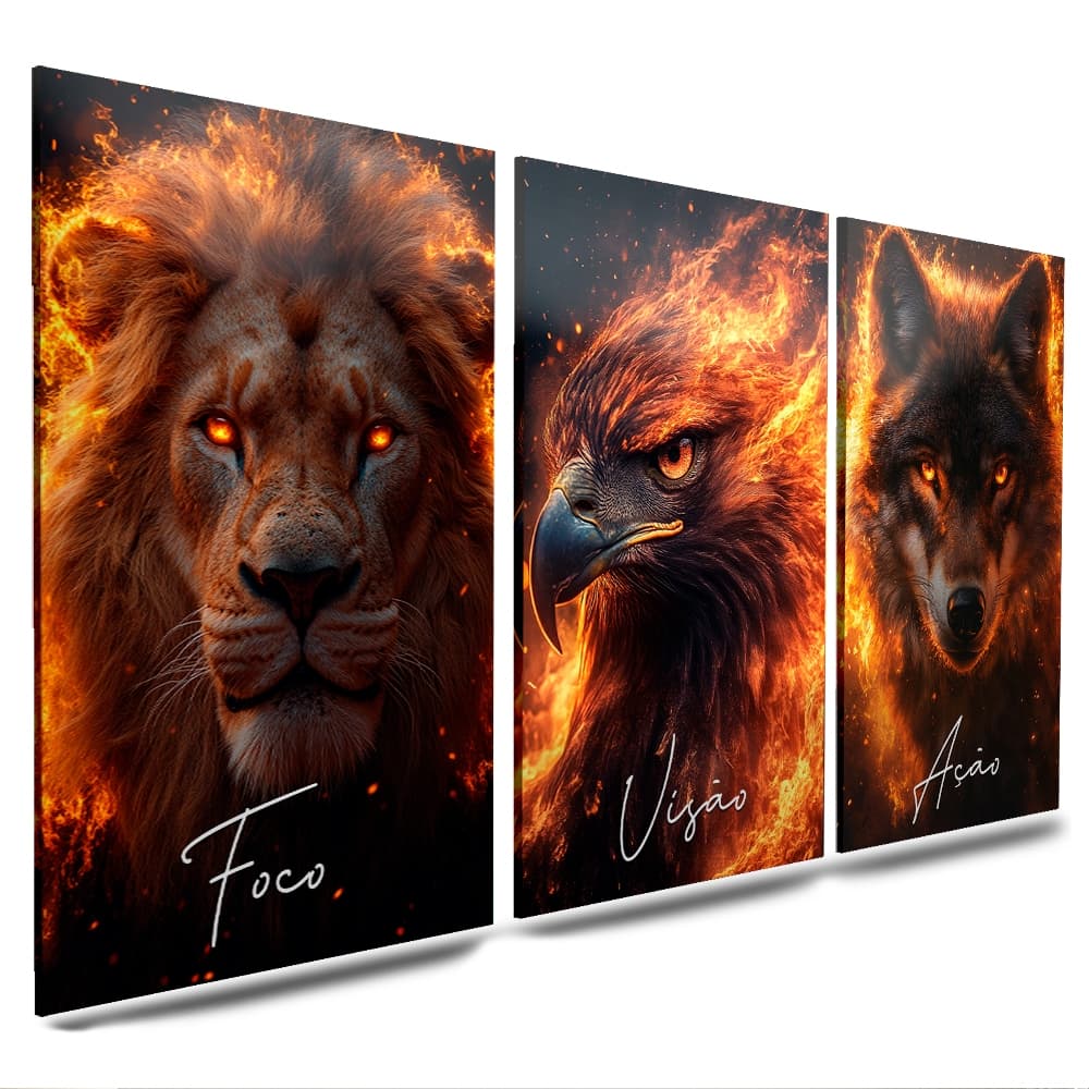 quadros decorativos leão aguia e lobo e peças animais fogo frases motivcionais 3 peças